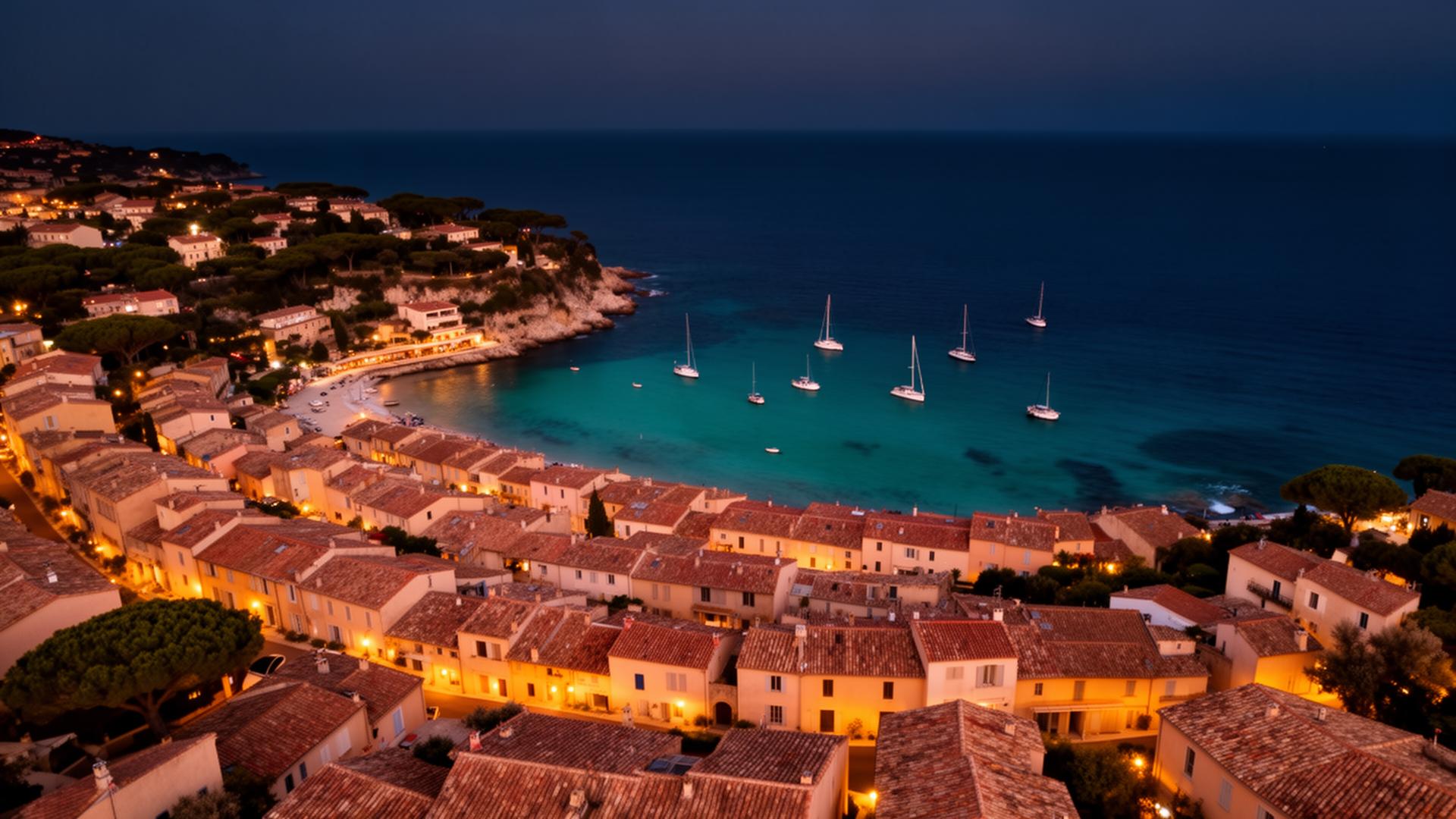 Côte d'Azur village at dusk with sailboats in turquoise water