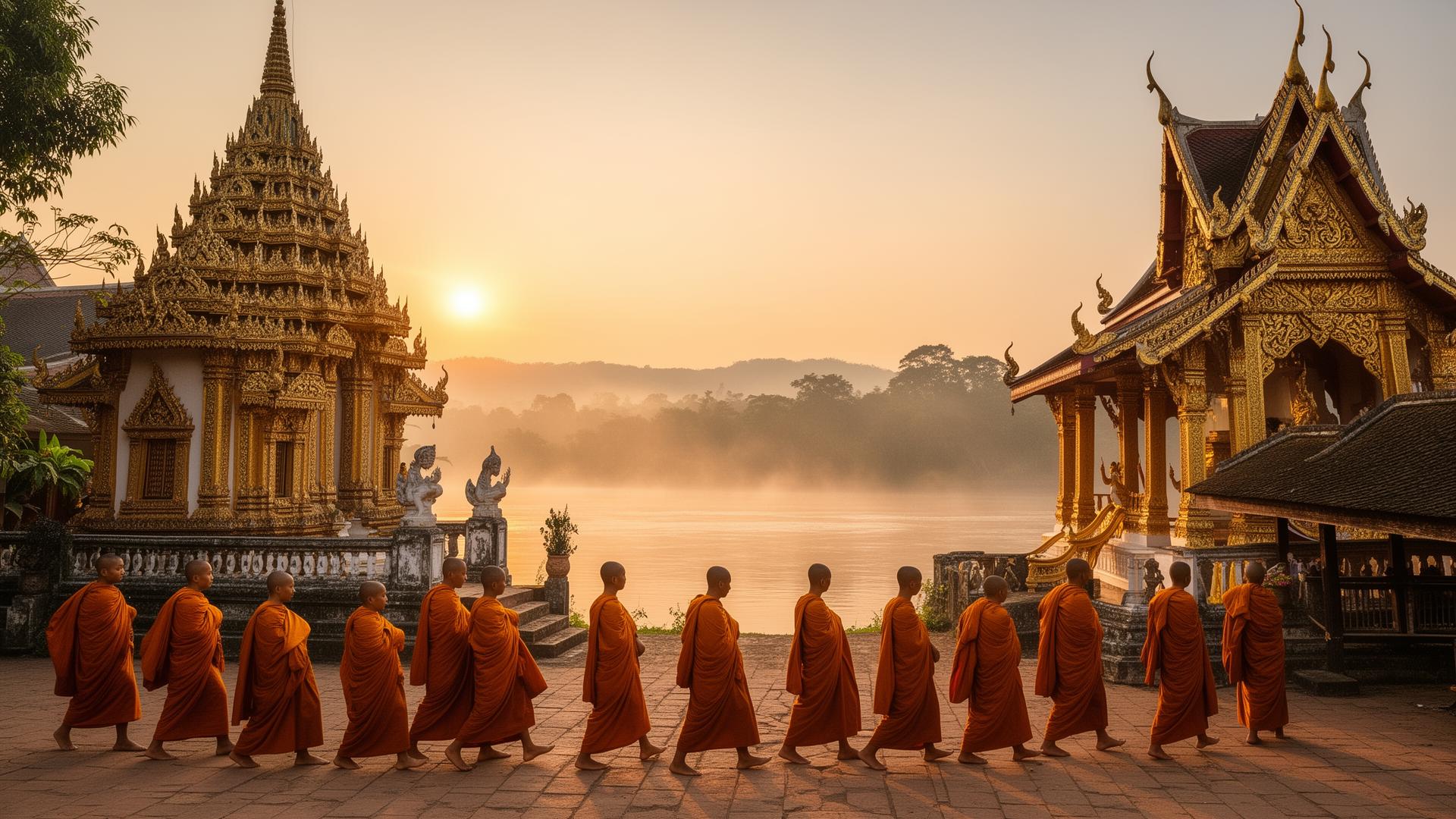 Monks at sunrise alms ceremony in Luang Prabang